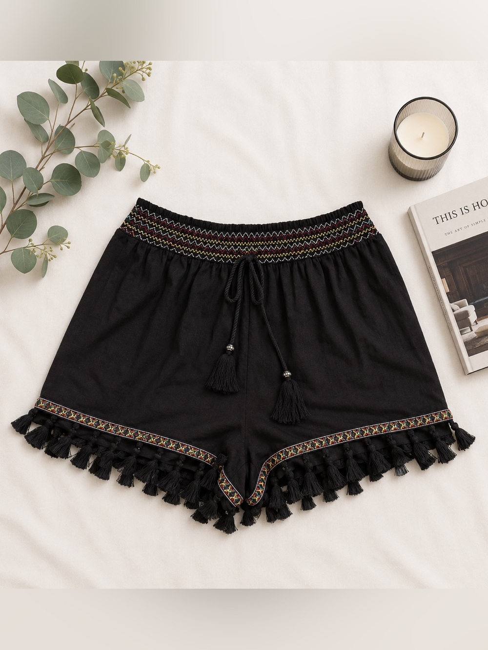 NWT Cupshe Black Boho Tassel Shorts | Size M | Embroidered Trim